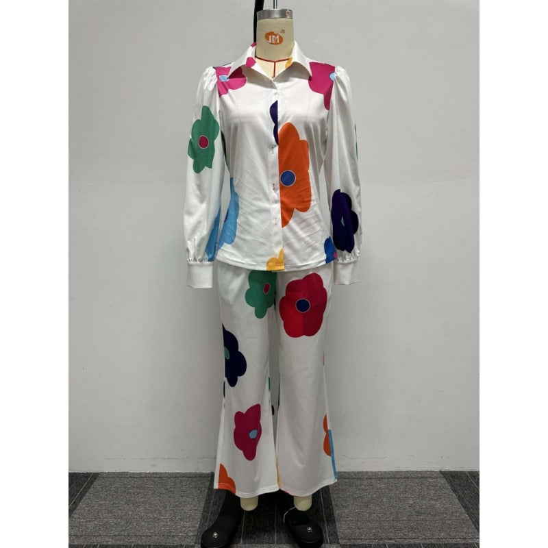 Flora Printed Women 2 Piece Set Elegant Button Up Blouse&shirts Wide Leg Pants Matching Set Autumn Office Lady Tracksuits