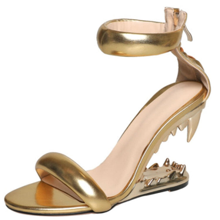 Fashion Metal Teeth Shaped Heel Sandals Round Toe Back Zipper Women's Dress Large Women's Sandals Summer golden3