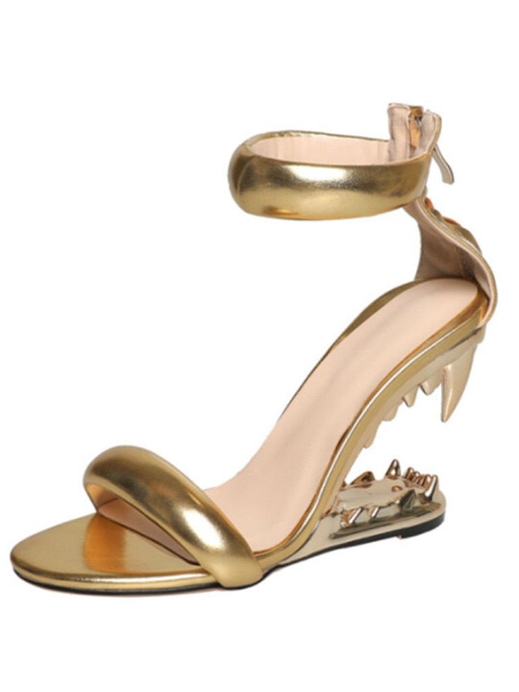 Fashion Metal Teeth Shaped Heel Sandals Round Toe Back Zipper Women's Dress Large Women's Sandals Summer golden3