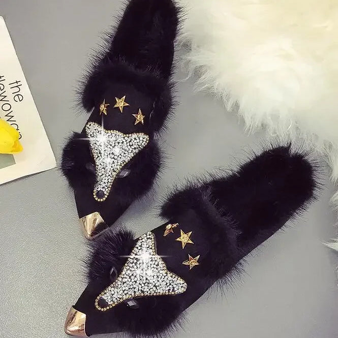 Crystal Fox Pattern Winter Flat Loafers Women Metal Pointed Toe Glitter Fur Moccasins Brand Design Ballet Flats Ladies Shoes Black