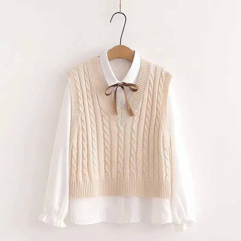 Women's Korean Preppy Style Student 3 Piece Clothing Set Spring Fall Girls Casual Bow Shirt Knit Vest Denim Pants Outfits Beige Tops Set