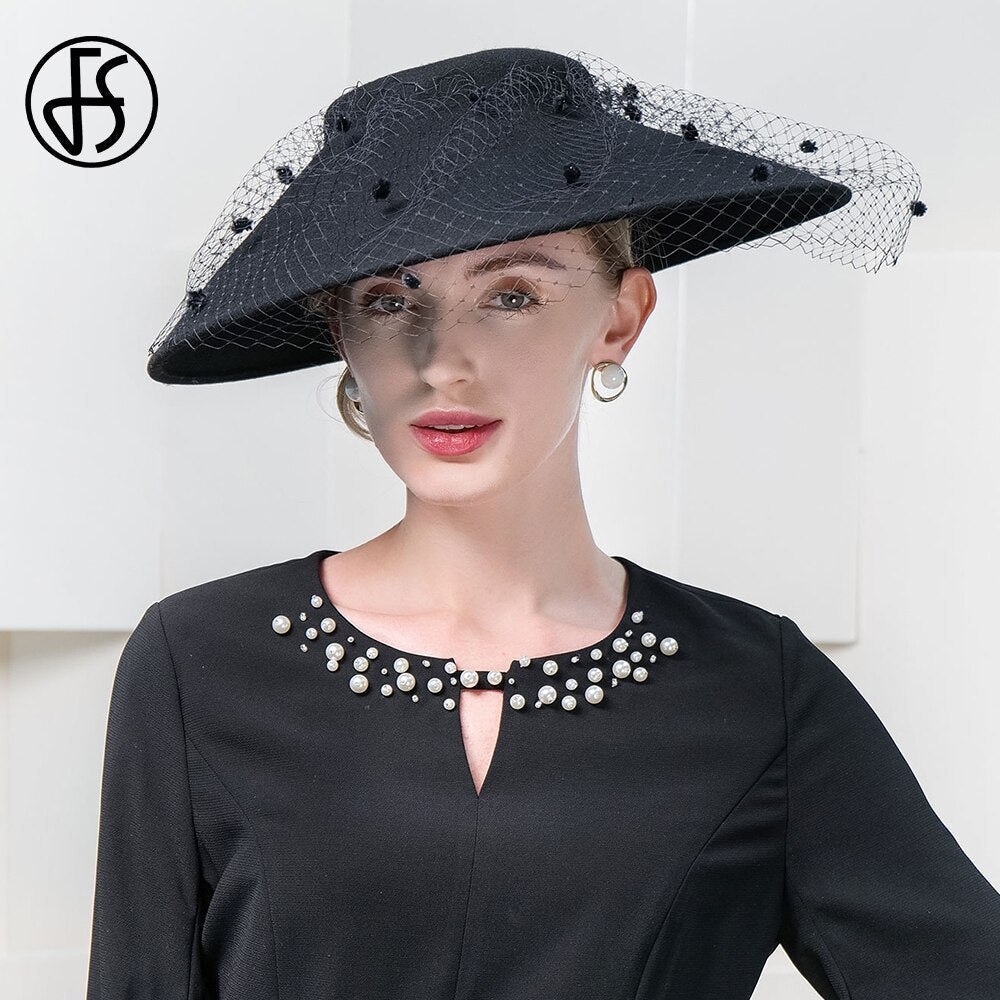FS Elegant Church Kentucky Cap Ladies Luxury Wide Brim Black Wool Hats Fascinators For Women Cocktail Party Dress Fedoras