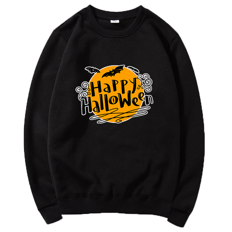 Fashion Halloween Pattern Print Crew Neck Sweater Casual Sports Outdoor Cute Long Sleeve Sweatshirt Black