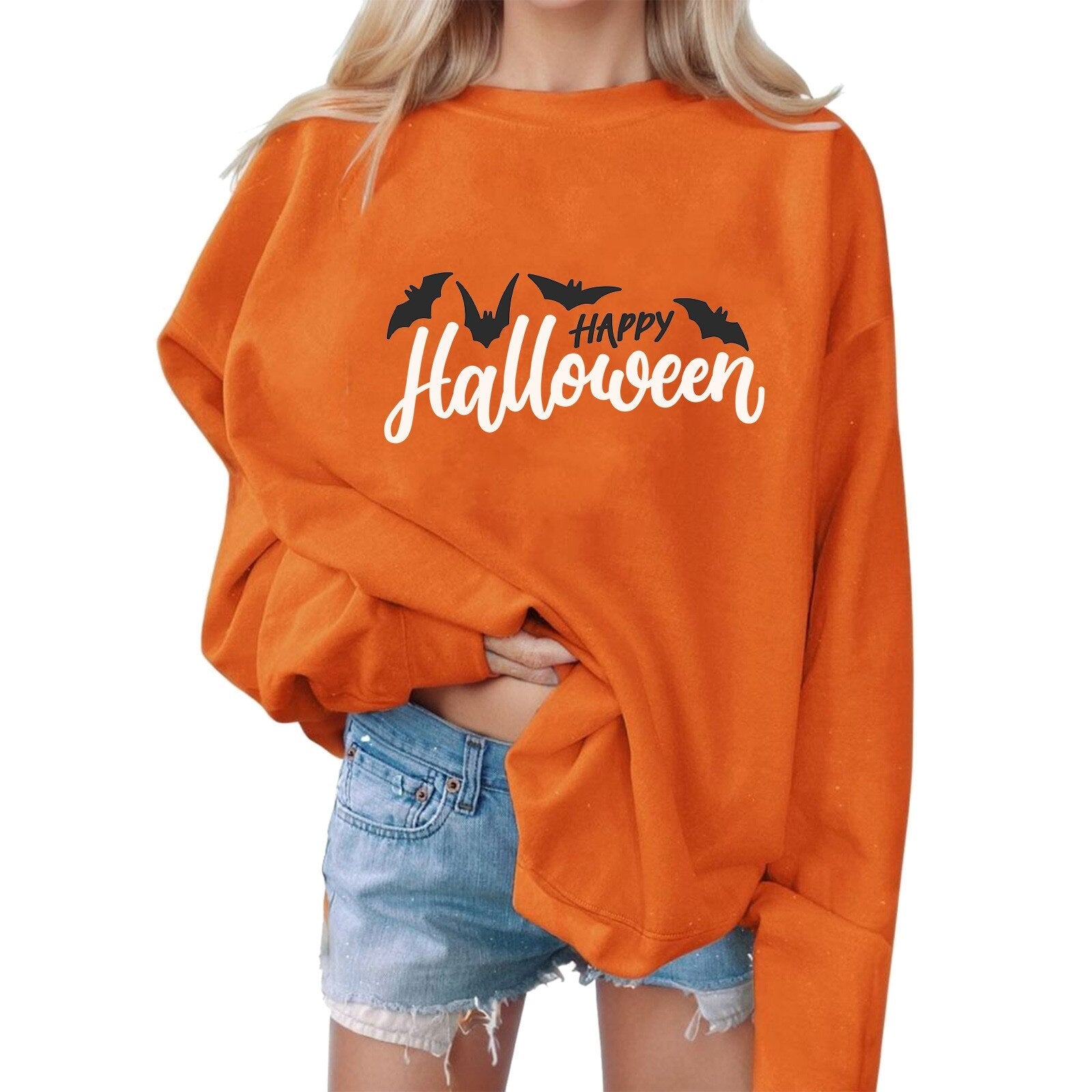 Halloween Harajuku Sweatshirts Bat Letter Print Sweatshirt Sweater Round Neck Women's Sweatshirt Long Sleeve Outfits Moletom Orange