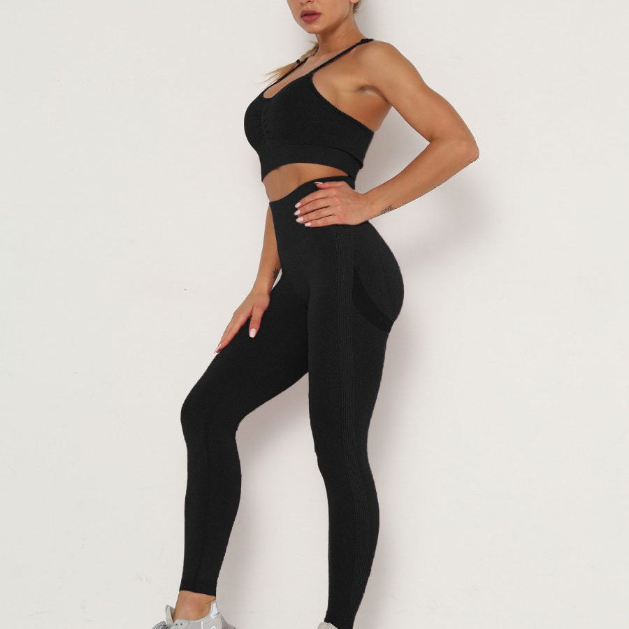 Women's Sets Skinny Tracksuit Breathable Bra Long Sleeve Top Seamless Outfits High Waist Push Up Leggings Gym Clothes Sport Suit Bra Set Black
