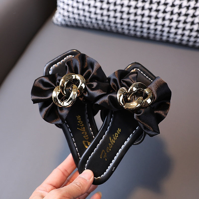 Girls Satin Bow Kids Versatile Slippers Summer New Green Simple Korean Kids Fashion Flat-bottomed Flip-flops Beach Shoes Black