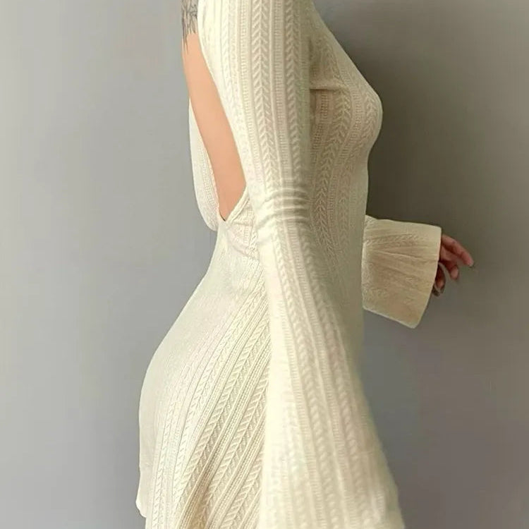 Solid Knitted Backless Dresses for Women Autumn Winter Elegant Long Sleeve Bodycon Mini Dress Casual