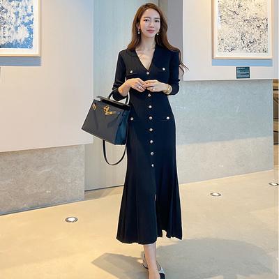 Vintage Korean Maxi Dresses for Women Party Long Sleeve V-neck Mermaid Dress Elegant Fashion Ladies Vestidos Femme Autumn Black One Size CN