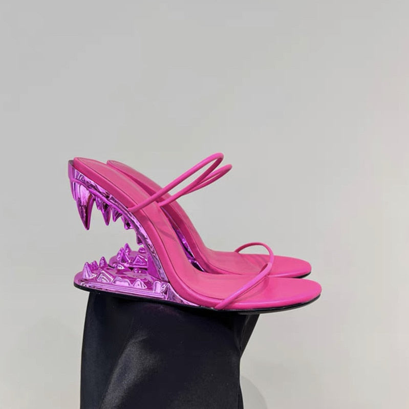 Fashion Metal Teeth Shaped Heel Sandals Round Toe Back Zipper Women's Dress Large Women's Sandals Summer