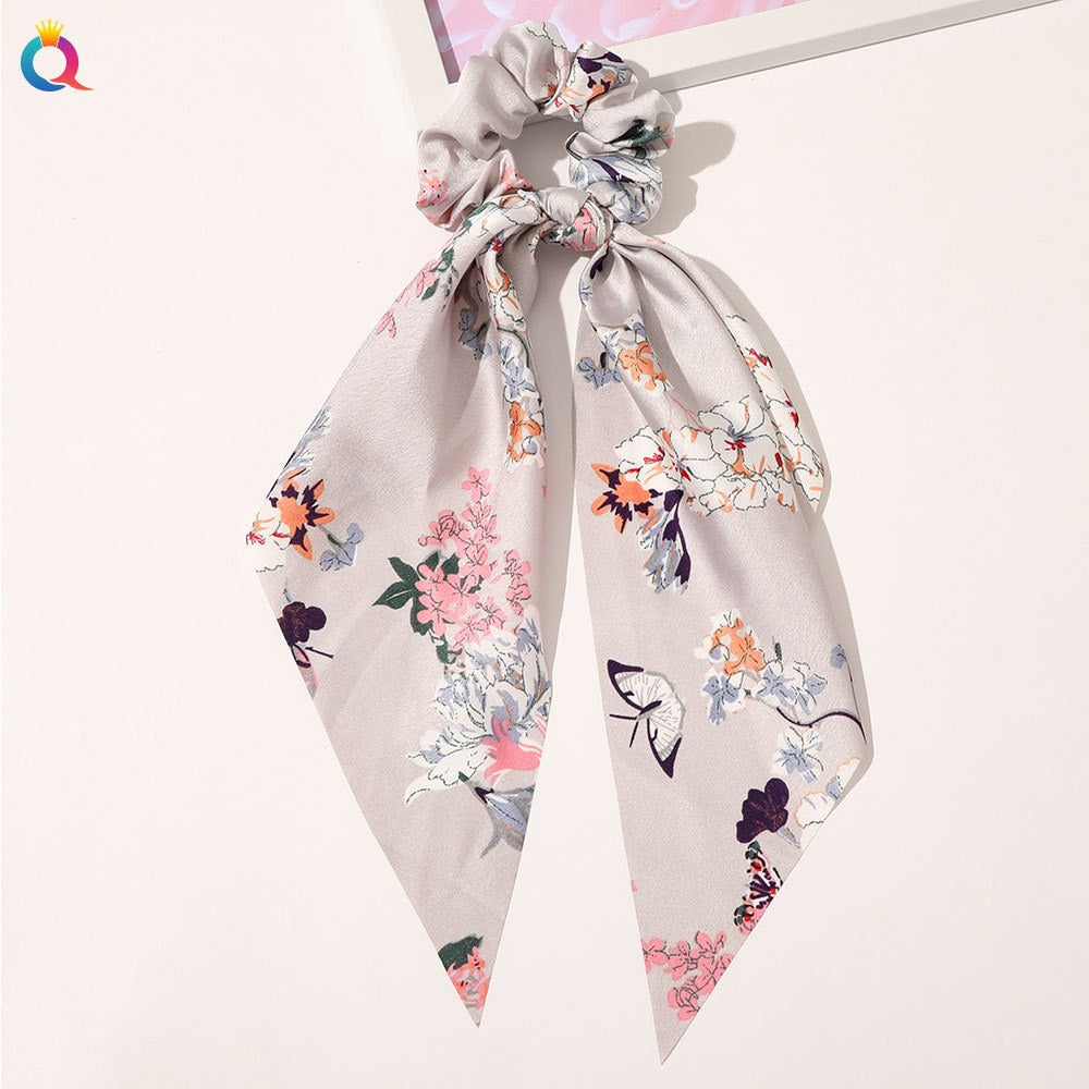 Fashion Print Chiffon Long Ribbon Scrunchies Women Girls Ponytail Scarf Elastic Hair Bands Ties Hair Accessories Wholesale 59