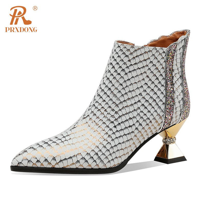 Elegant Side Zipper Women's Warm Ankle Boots Genuine Leather Pointed Toe High Heels Dress Party Wedding Office Lady Shoes Woman silver -10