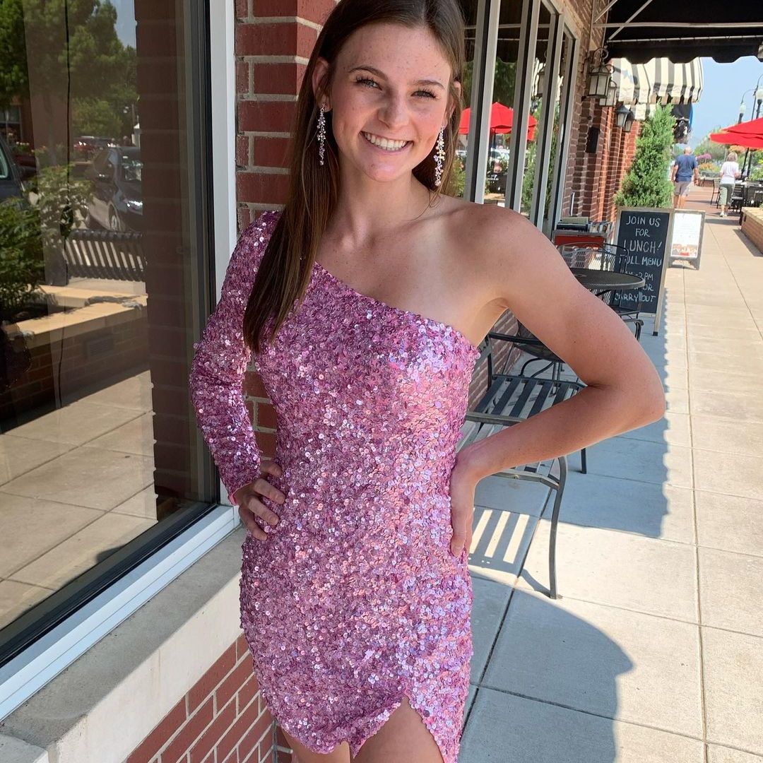 Pink Sequin Mini Cocktail NYE Dress Long Sleeve Lady Formal Event Homecoming Party Gown Club Night Hoco Gala One-Shoulder pink