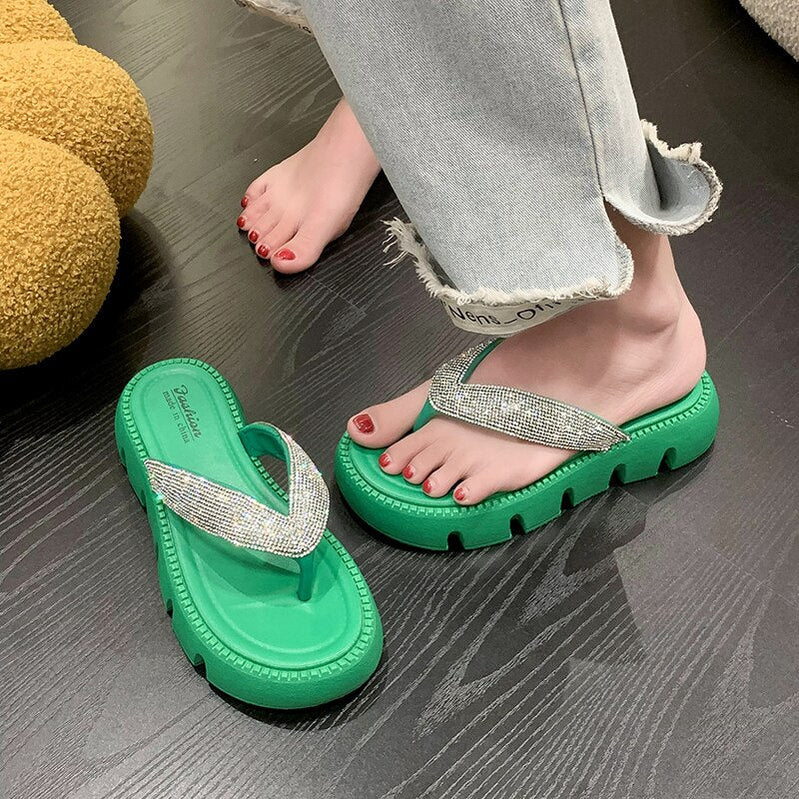 Thick Platform Shiny Crystal Flip Flops Women Summer Soft Bottom Beach Sandals Shoes Woman Fashion Clip Toe Clogs Slippers