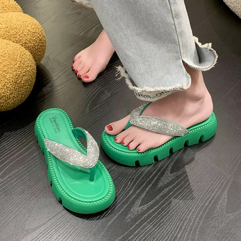 Thick Platform Shiny Crystal Flip Flops Women Summer Soft Bottom Beach Sandals Shoes Woman Fashion Clip Toe Clogs Slippers