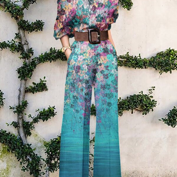 Print Jumpsuit Women Autumn and Spring New Fashion Long Sleeve Lapel Loose Casual Elegance Green Jumpsuits Mixed Color