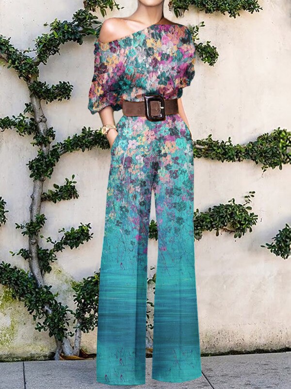 Print Jumpsuit Women Autumn and Spring New Fashion Long Sleeve Lapel Loose Casual Elegance Green Jumpsuits Mixed Color