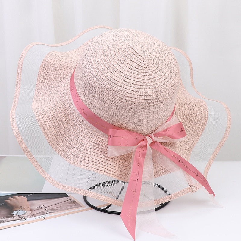 Korean Style Woman Straw Hat Bow Ribbon Large Brim Sunshade Ins Outing Fashion Beach Holiday ladies sun Hat Pink 57 cm
