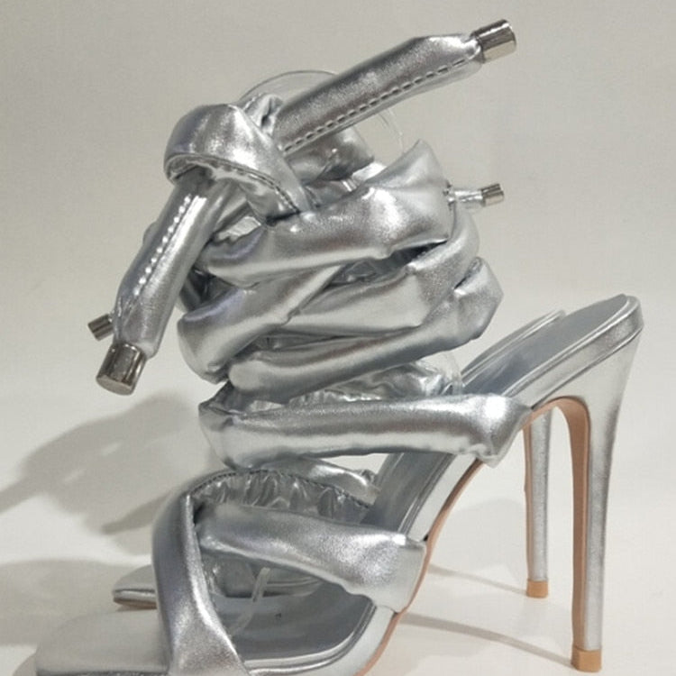 Summer Square Head Slim High Heel Sandals Wrapped Around The Feet Fashion Show Dress 43 Large Women's Sandals Silver