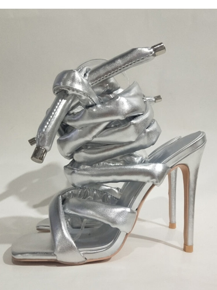 Summer Square Head Slim High Heel Sandals Wrapped Around The Feet Fashion Show Dress 43 Large Women's Sandals Silver