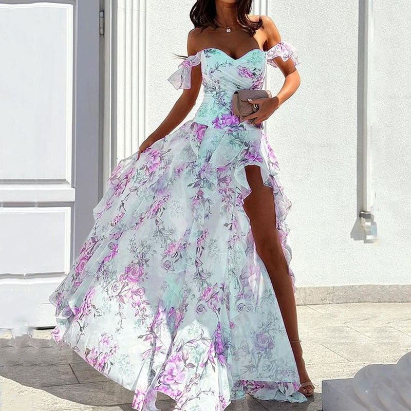 Women Maxi Dress Summer Elegant Floral Printed Off Shoulder V Neck Slit Ruffled Irregular Nipped Waist Dresses Streetwear 3
