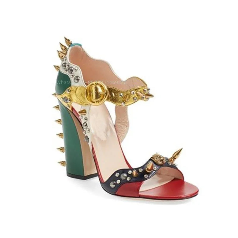 Leather Rivets Design Chunky High Heel Sandals Women Open Toe Dress Buckle Sandals Lady Patchwork Shoes Spring Fashion 2024