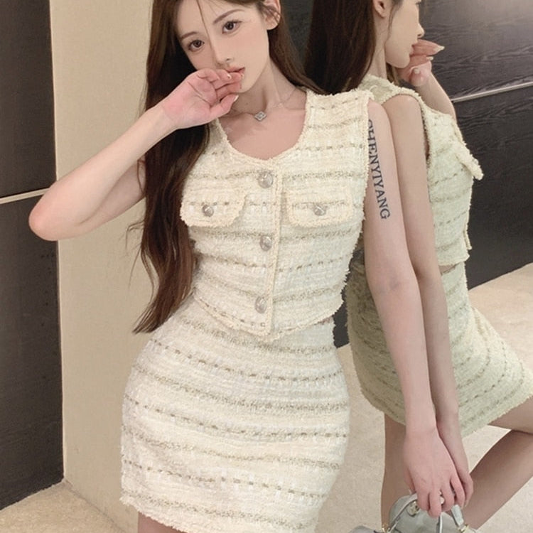 High Street French Luxury Small Fragrance 2 Piece Set Women Vest Crop Top + Skirt Suits Korean Elegant Fashion Two Piece Outfits
