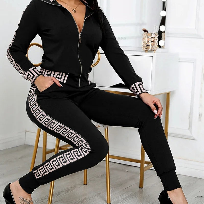 Women Two Piece Set Outfits Autumn Women's Tracksuit Zipper Top And Pants Casual Sport Suit Winter 2 Piece Woman Set Black