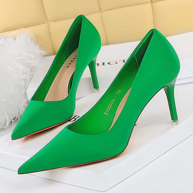 BIGTREE Shoes Satin Women Pumps New Purple High Heels Fashion Women Shoes Stiletto Luxury Noble Party Shoes Women Heels green-7.5cm