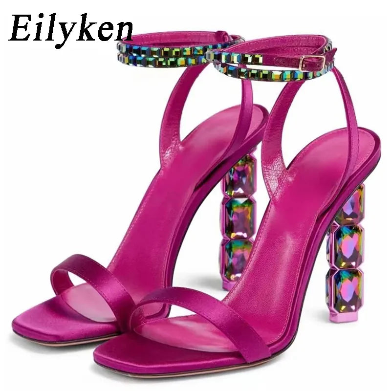 Eilyken Summer Crystal Embellished High Heel Sandals Women Diamond Open Toe Ankle Strap Silk Satin Rhinestone Banquet Shoes