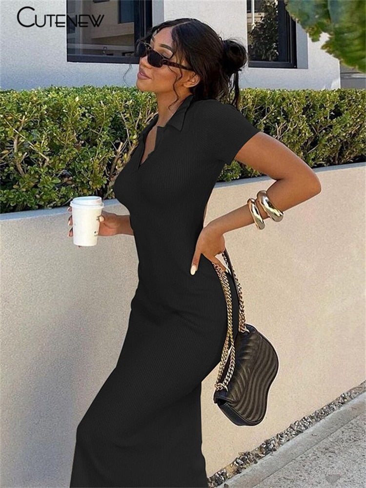 Cutenew Elegant Knitted Short Sleeve Bodycon Maxi Dress Women Summer Sexy Backless Bandage Streetwear Solid Stretch Lady Dresses Black