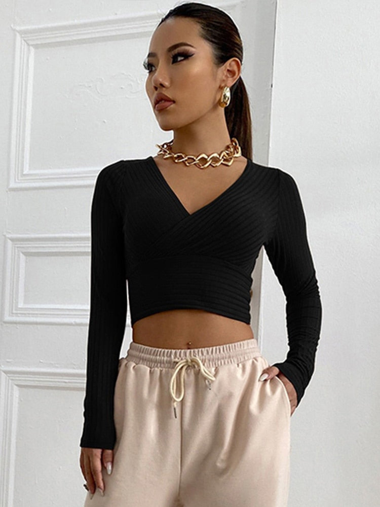 Women Casual Solid Long Sleeve Crop T-shirt Fashion V-Collar Bare Midriff Stretch Tops Ribbed Knitted Elastic Slim Skinny Tees Black