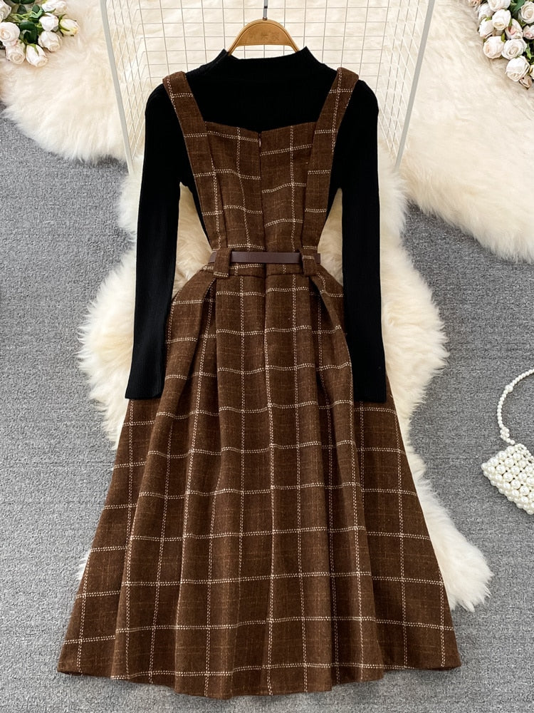 Fall Winter Women Sweater Overalls Dress Sets Casual Knitted Tops +Plaid Woolen Dress 2 Piece Sets Outfits Female