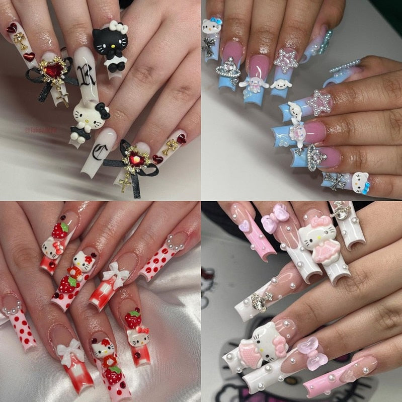 37 Estilo Sanrios Kuromi Hello Kitty My Melody Anime Y2K Europa y América Handmade Press on Nails Long Nails Design Manicure