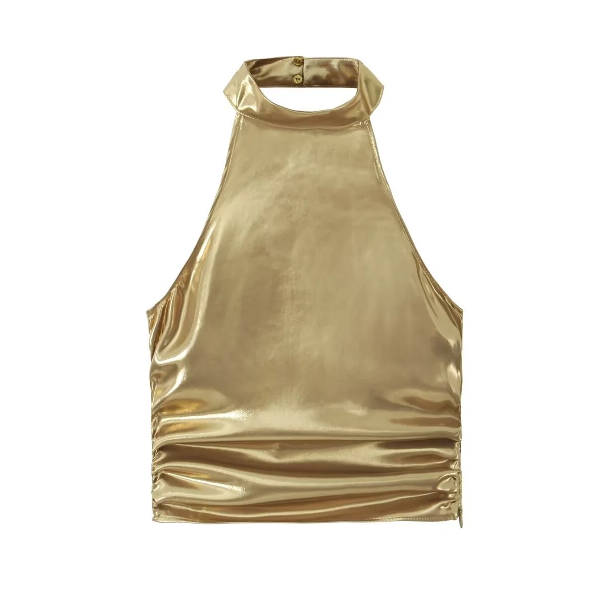 Women Metallic Glitter Hanging Neck Crop Top Y2K Fashion Sleeveless Ruched Top Summer Sexy Backless Slim Tops