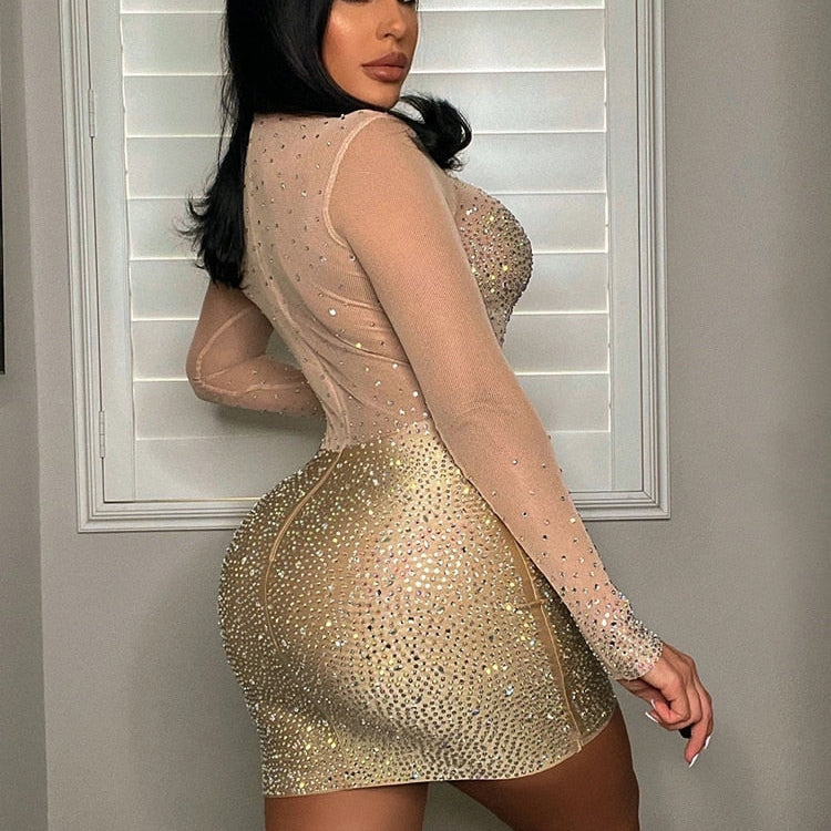 Sexy Mesh Crystal Patchwork Sheer Mini Dress New Elegant Women Long Sleeve Bodycon Dress Night Clubwear Outfits
