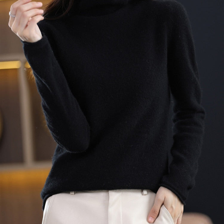 Pure Wool Women Sweater Autumn Winter Fashion Pile Collar Pullover Cashmere Sweater Casual Long-sleeved Knitted Tops Black