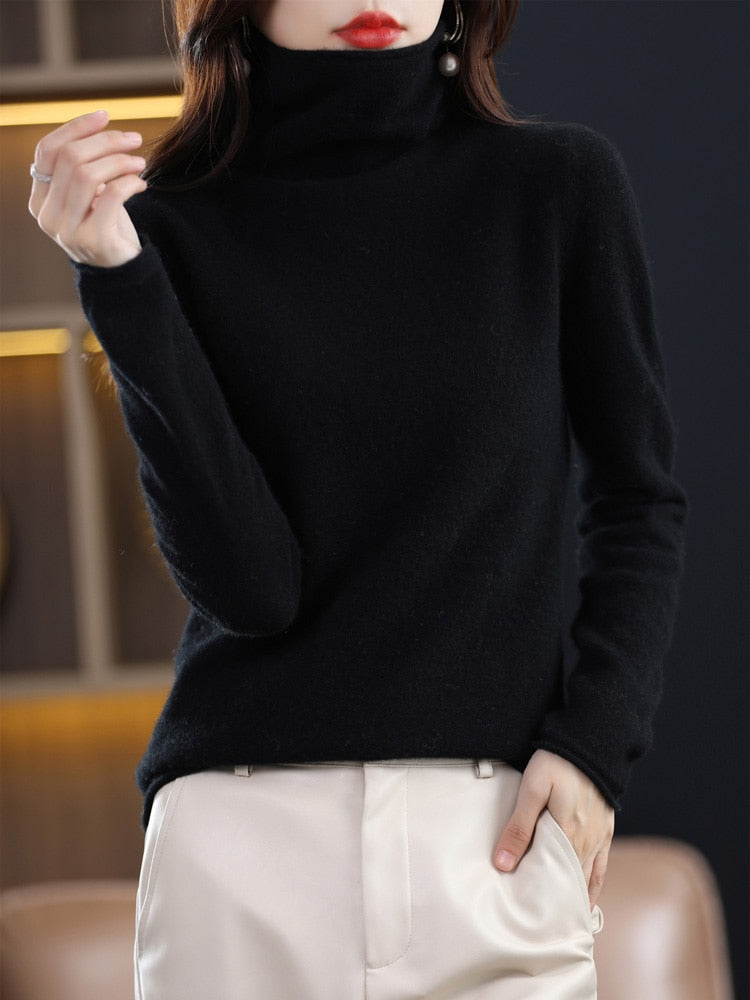 Pure Wool Women Sweater Autumn Winter Fashion Pile Collar Pullover Cashmere Sweater Casual Long-sleeved Knitted Tops Black