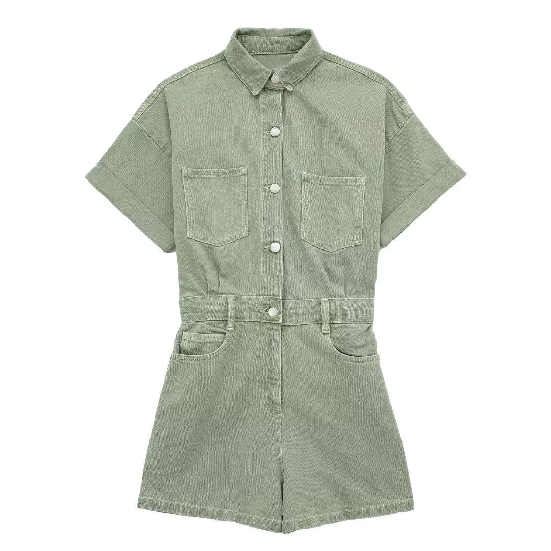 TARUXY Lapel Pocket Denim Jumpsuit Women Sexys Short Sleeve Slim Bodycon Ropa De Mujer Casual Overalls One Piece Womens Clothing Green