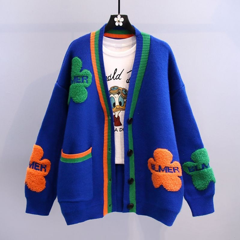 Fashion Women Knitted Sweaters Coat Autumn Winter Korean Long Sleeve V-Neck Pockets Button Cardigans Streetwear Casual Jersey Blue
