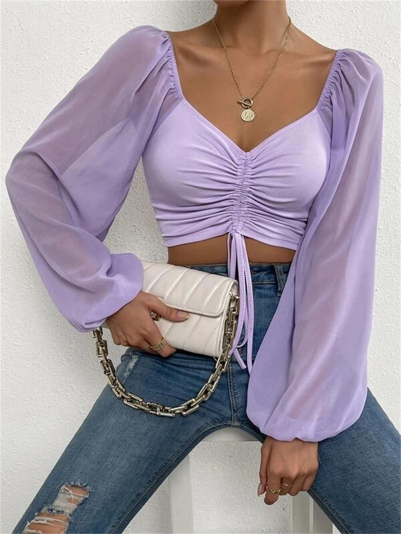 Sexy V-neck Women Blouses Drawstring Long Sleeve Crop Tops Ladies Fashion Summer Short Shirt Woman Clothes Blusas Camisas Mujer light purple