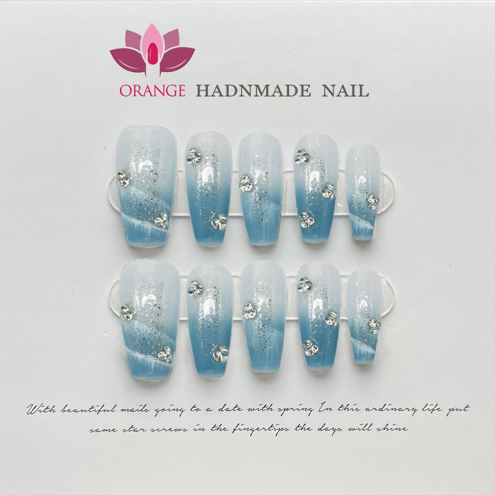 Handmade Blue Press On Nails Design Charms Luxury Full Cover Medium Coffin Manicuree Wearable Fake Nails XS S M L Size Nail Art Spain
