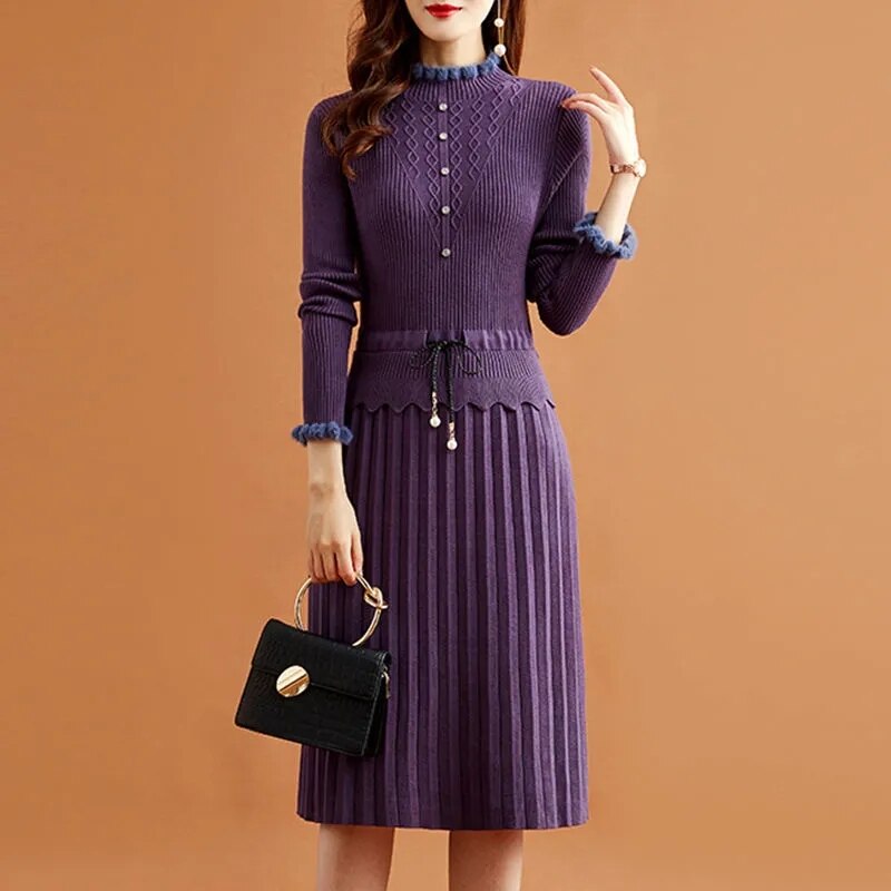 Casual Fake Two Pieces Pleated Knitted Dress Women Vintage Long Sleeve Bottoming Sweater Dresses Fall Elegant Slim Midi Vestidos Purple