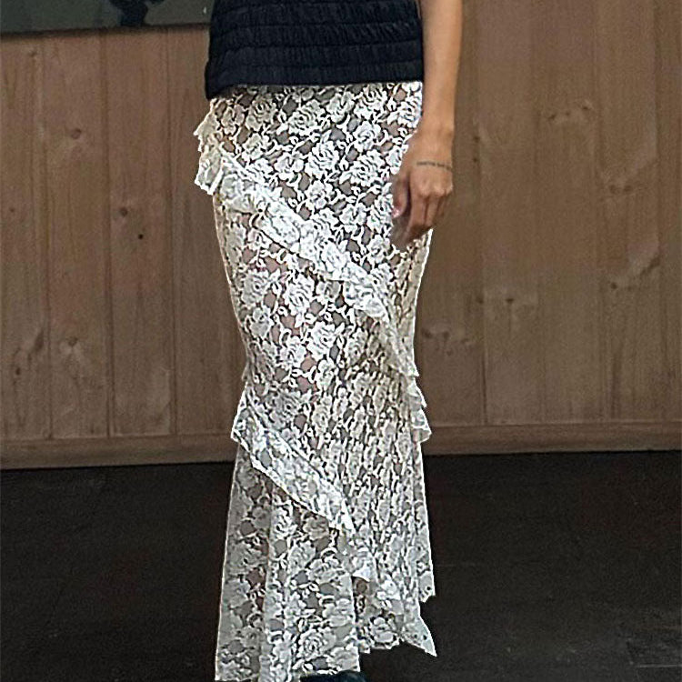 Tossy Lace Ruffled See-Through Maxi Skirt Women Slim Patchwork Party Holiday Women's Long Skirt Outfits Female Summer Maxi Skirt White One Size