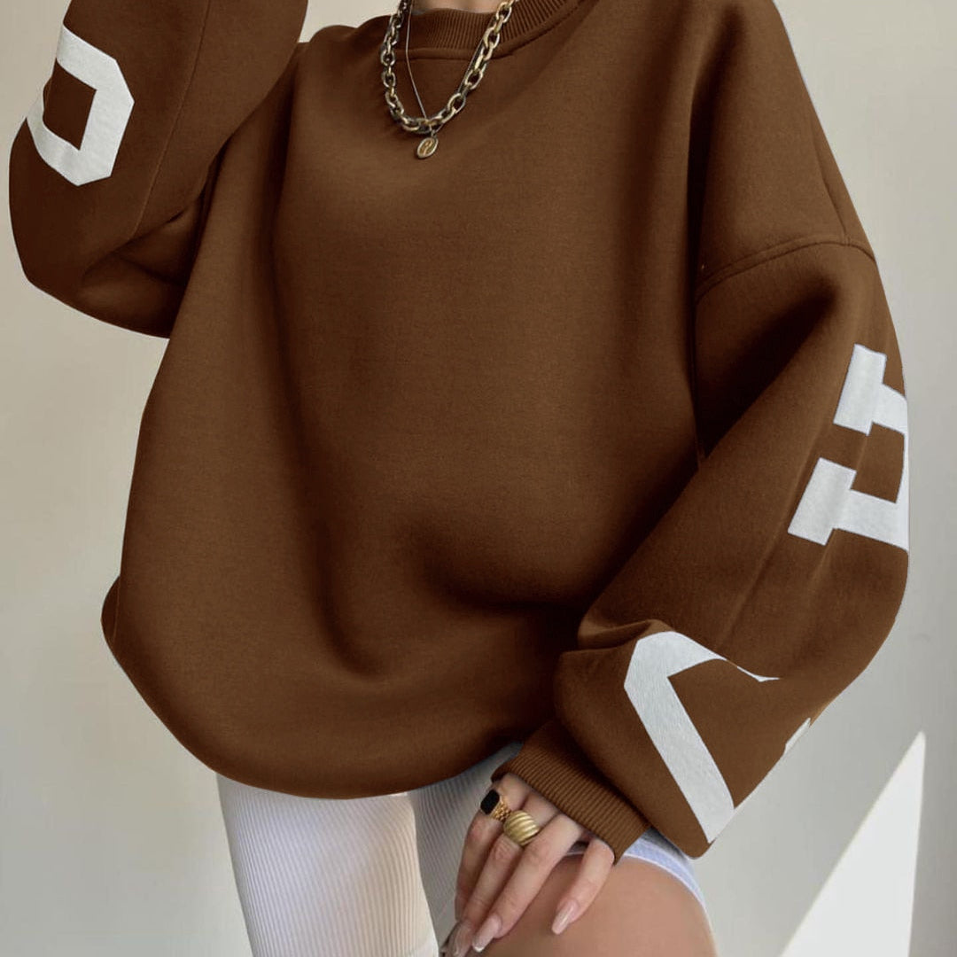 Women Casual Sweatshirts Fashion Letters Print O Neck Long Sleeve Pullovers Tops Vintage Loose Autumn Y2k Hoodies Streetwear Dark brown