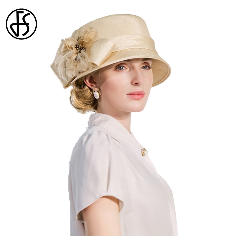 FS Luxury Woman Sun Hat Wedding Ceremony Fashion Elegant Millinery Tea Party Bowler Cap Flower Feather Bucket Hats Female