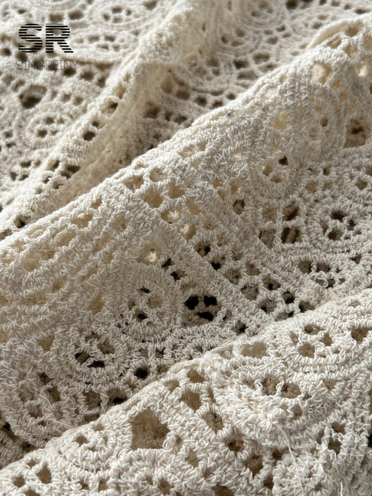 Loose Knit Long Dress Women V Neck Solid Hollow Out Design Retro Fashion Ladies Y2K Casual Summer Beach Dresses