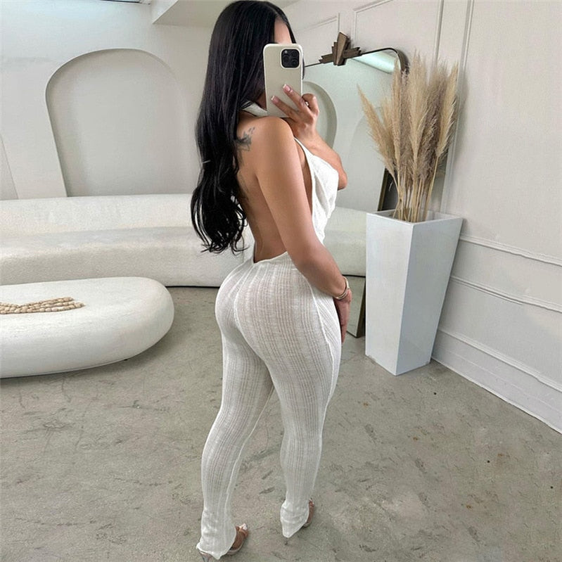 Sexy Low Collar Hanging Neck Sleeveless Slim Fit High Waist Jumpsuits Women Summer Casual Backless Solid Crumpled Overalls