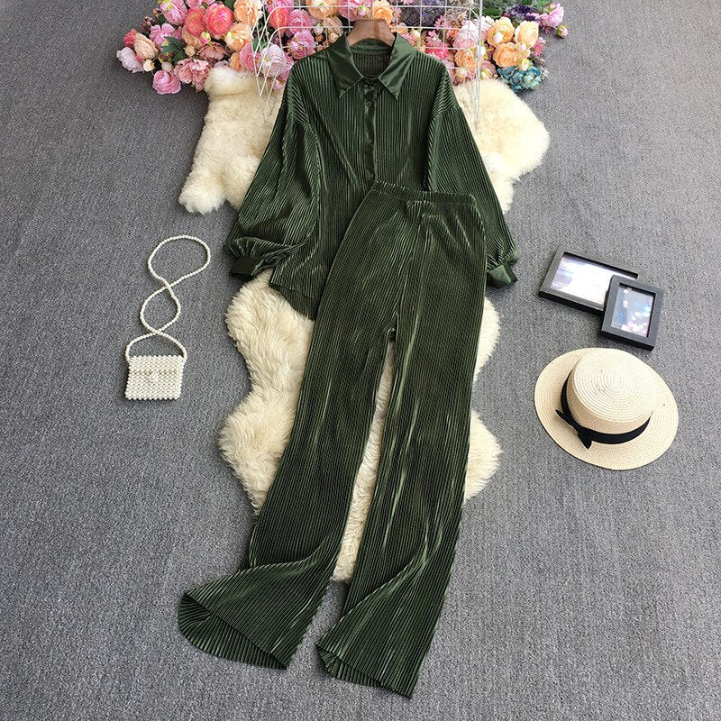 Casual Women Elegant Pleated Two Piece Set Long Sleeve Shirt And Wide Leg Pant Suits Loose Office Lady Outfits Autumn Army Green One Size