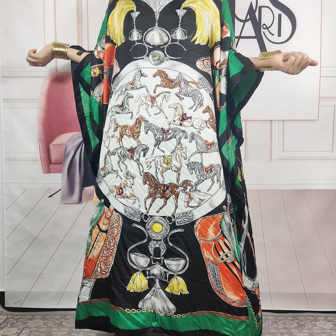 Kuwait Fashion - 2023 Summer Boho Loose Silk Kaftan Maxi Dress Oversized African Muslim Lady Abaya color 10 One Size