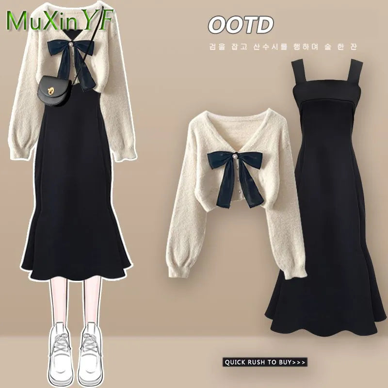 Autumn Winter Fashion Short Knitting Sweater+suspender Dress Two-piece Korean Elegant Bow Cardigan Sexy Fishtail Skirt Set